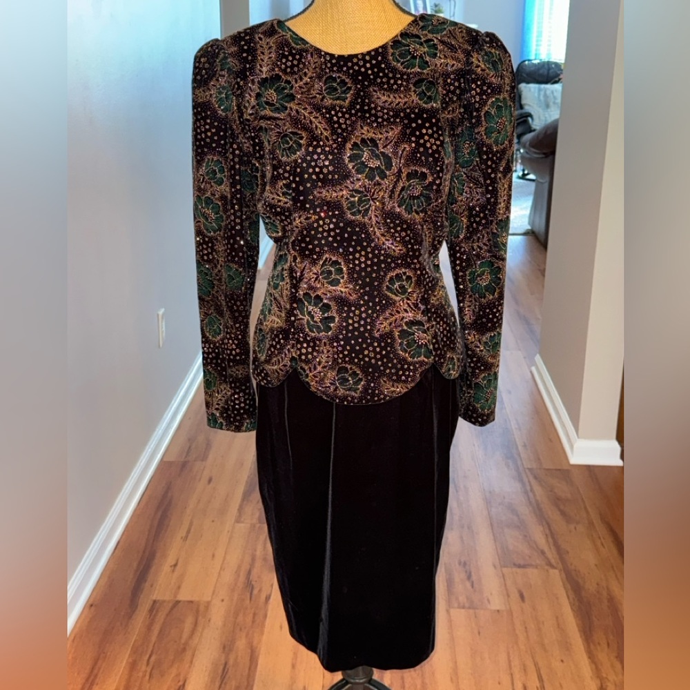 Scott McClintock vintage velour long sleeve black gold green floral dress, 12